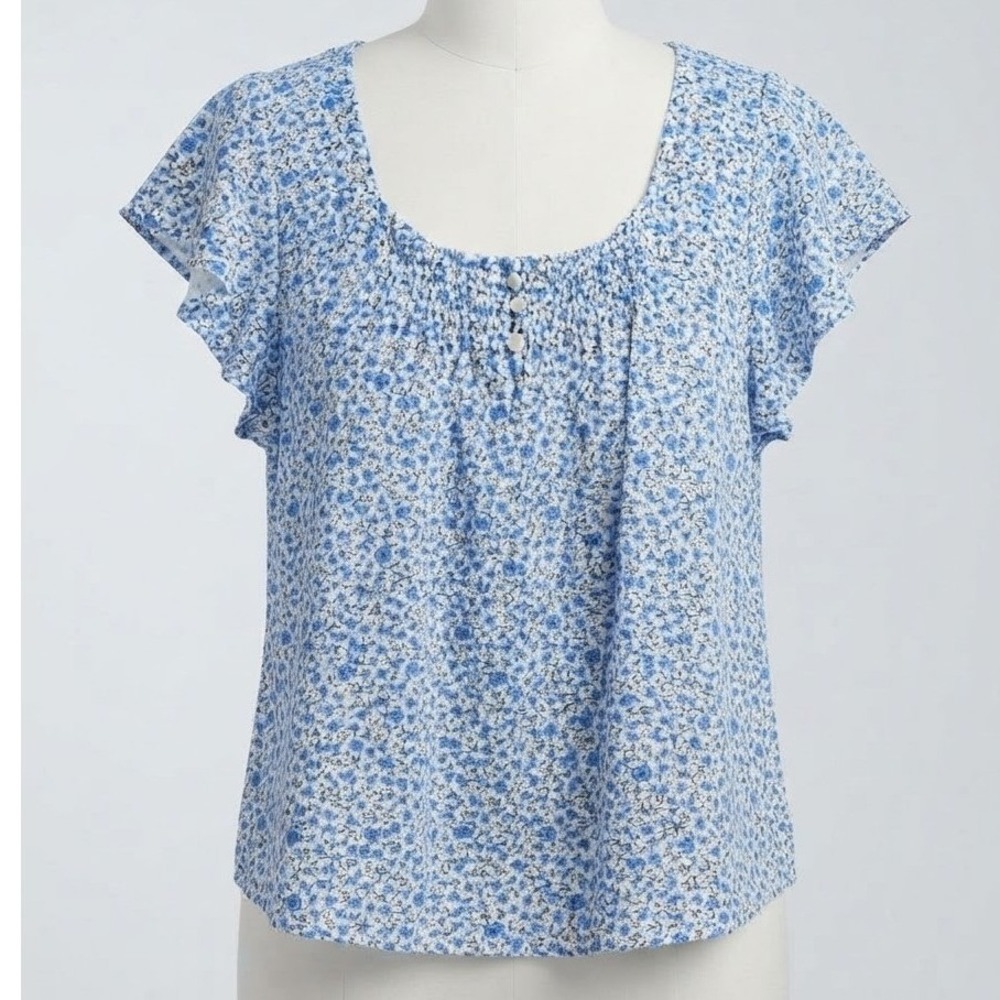 Cottagecore Draper James RSVP Blue Ditsy Floral Smocked Flutter Sleeve Blouse XL
